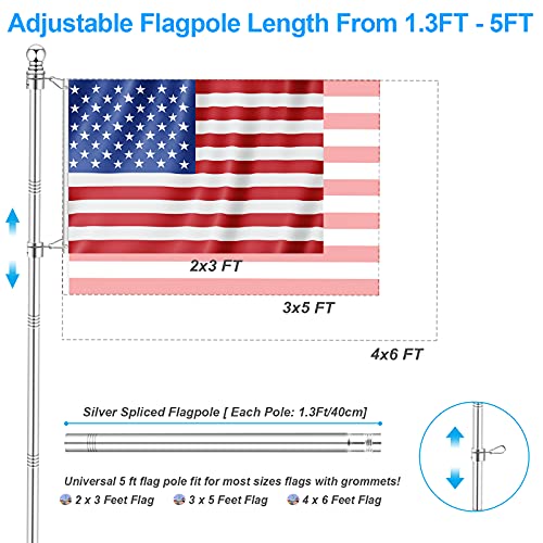 Silver 5 FT Metal Flagpole Kit and 304 Stainless Steel Flagpole Clips E758195
