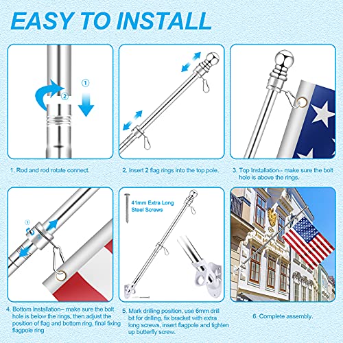 Silver 5 FT Metal Flagpole Kit and 304 Stainless Steel Flagpole Clips E758195