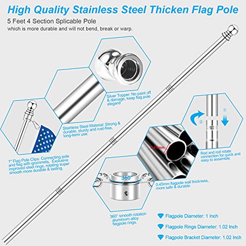 Silver 5 FT Metal Flagpole Kit and 304 Stainless Steel Flagpole Clips E758195
