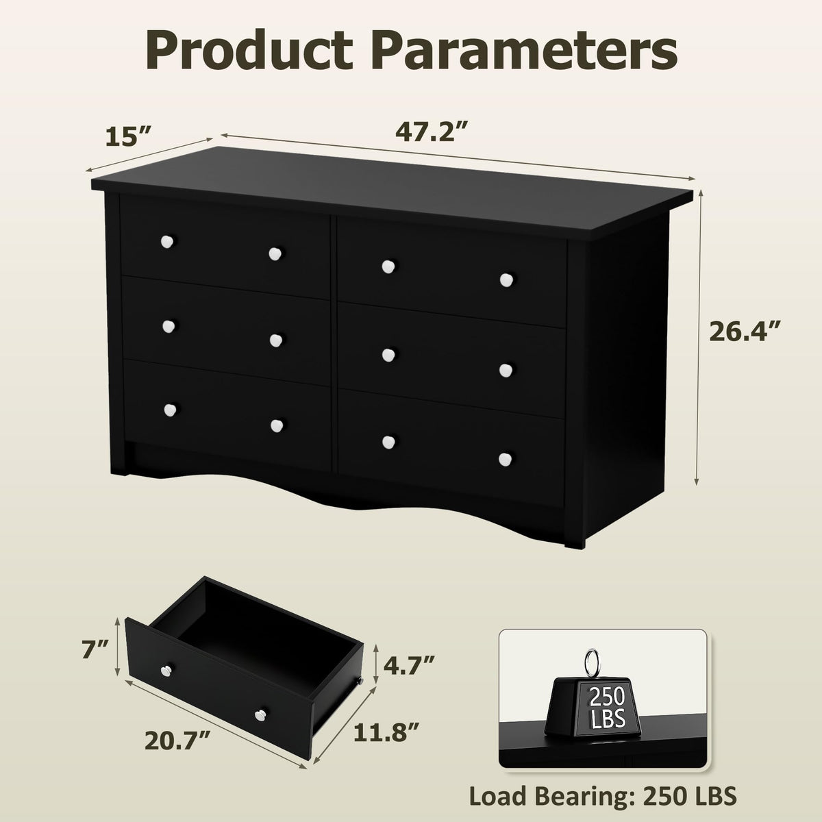 Black 6 Drawer Wood Dresser P58473