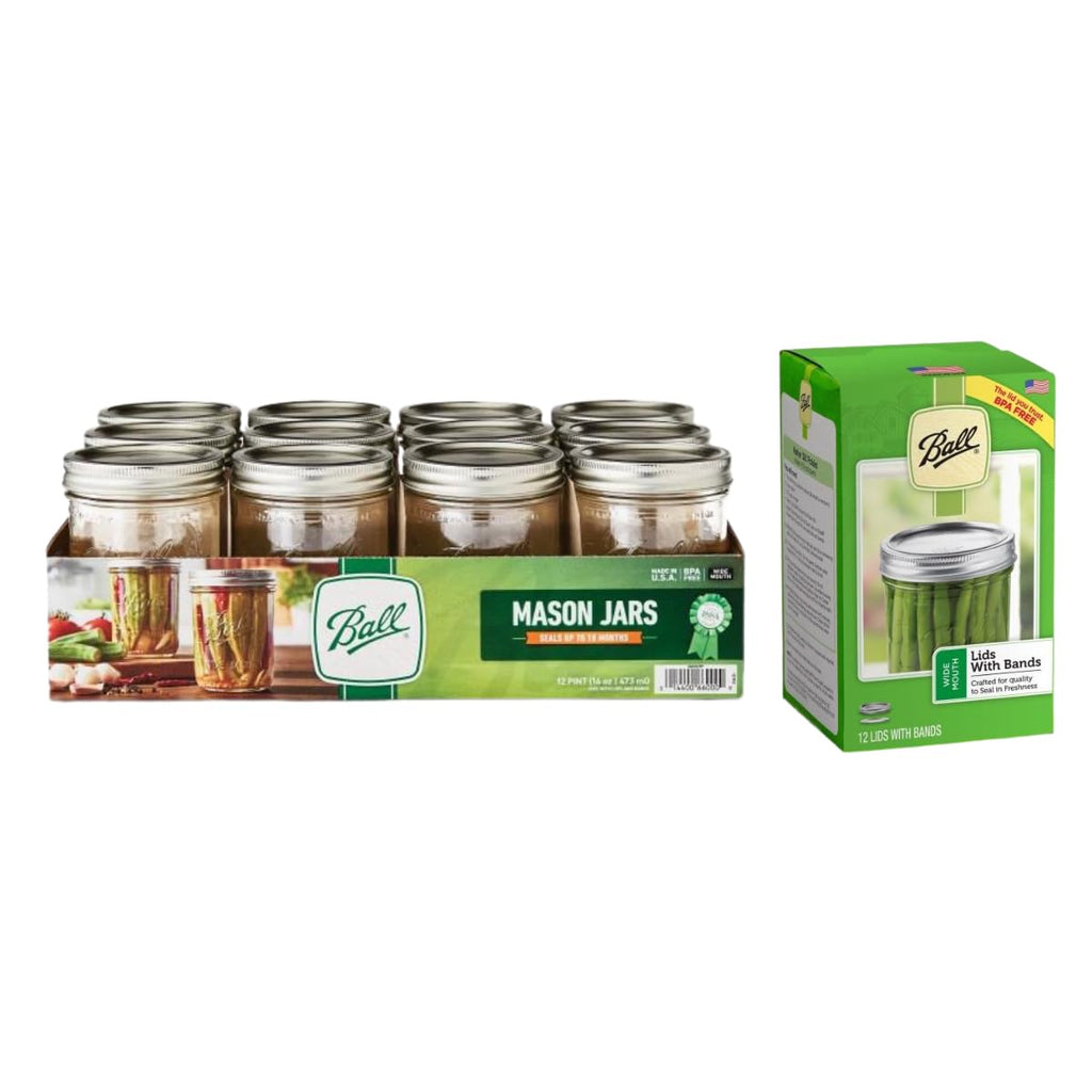 Wide Mouth Glass Mason Jars with Lids and Bands, 12 Pint Size 16 Ounce Q2199