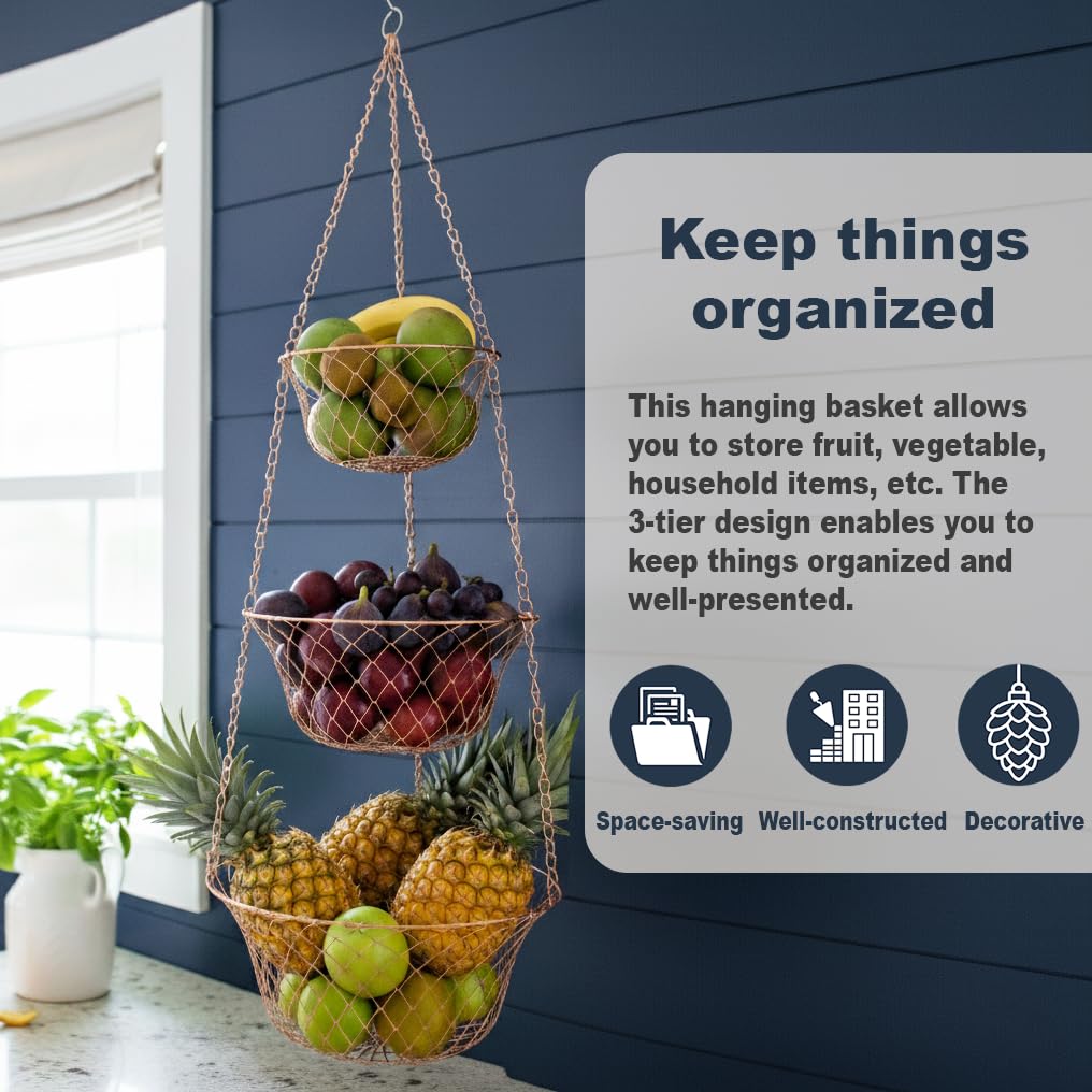 3 Tier Heavy Duty Wire Fruit and Vegetable Basket with Hooks R7697
