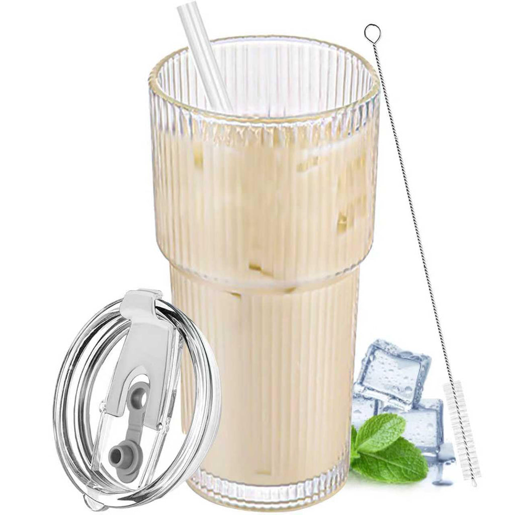 20 oz Clear Ribbed Glass Tumbler with Lid and Straw S22296