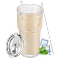 20 oz Clear Ribbed Glass Tumbler with Lid and Straw S22296