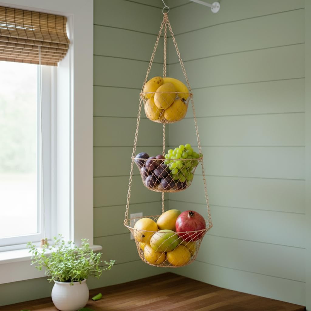 3 Tier Heavy Duty Wire Fruit and Vegetable Basket with Hooks R7697