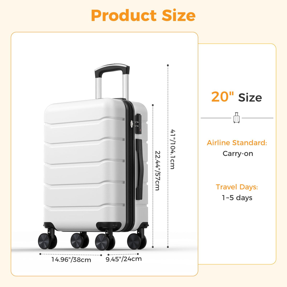 20 Inch White Hard Shell Carry on Luggage L409281