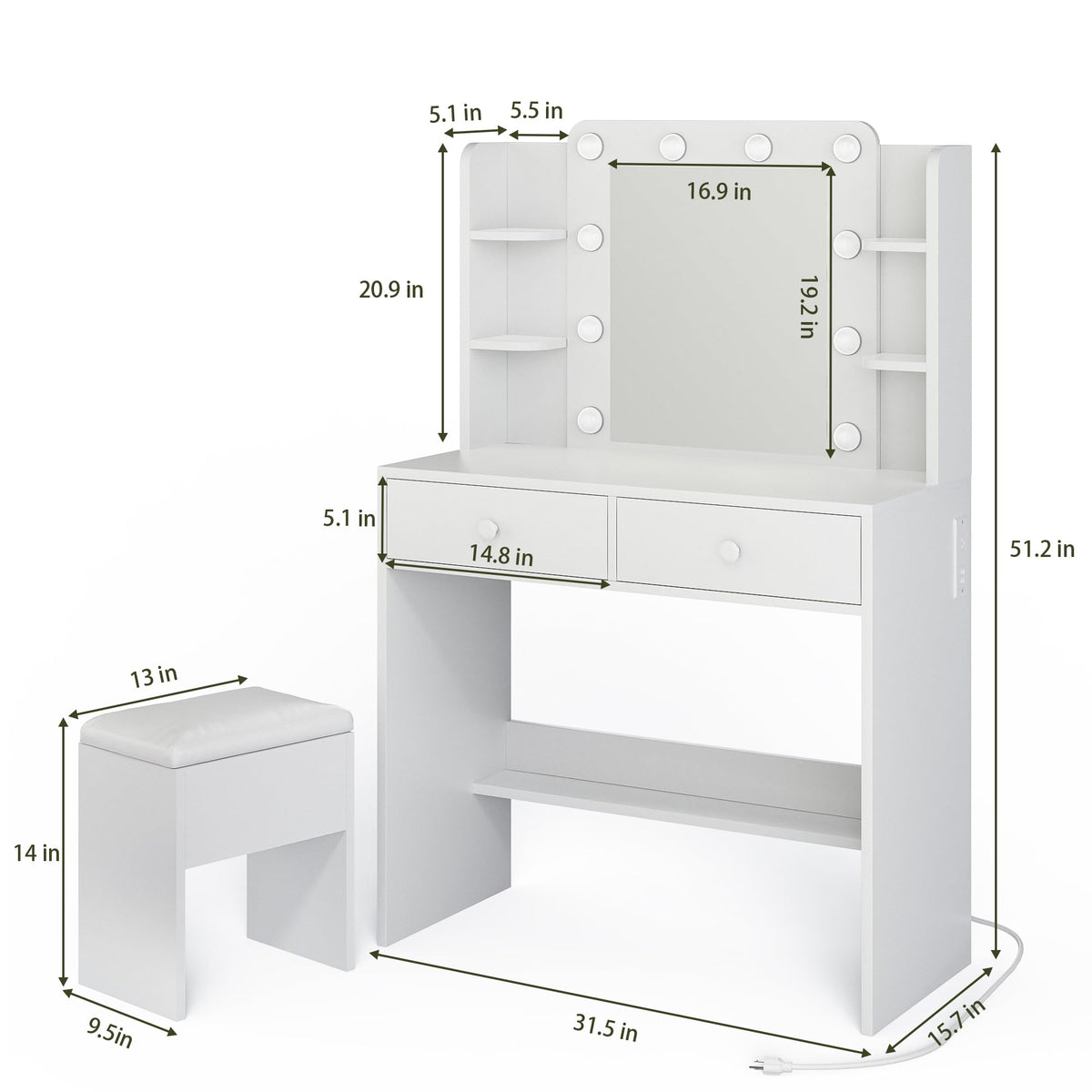 White Vanity Desk with Lighted Mirror and Chair X9113