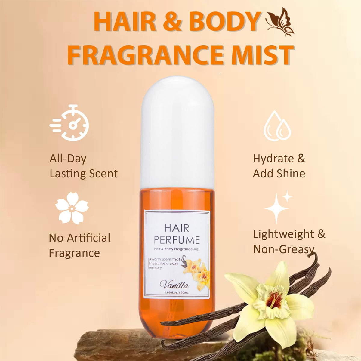 Vanilla Hair & Body Perfume Spray, Alcohol-Free, 1.7 Oz T156