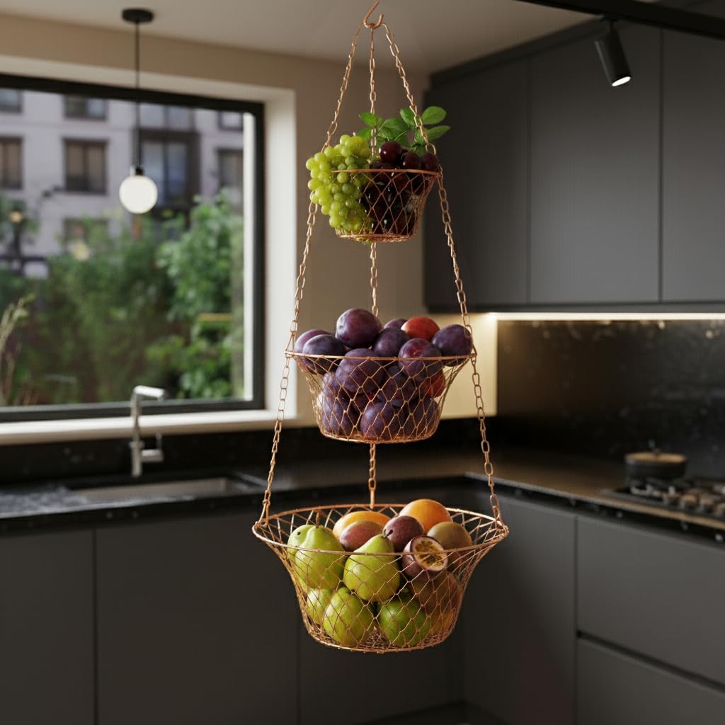 3 Tier Heavy Duty Wire Fruit and Vegetable Basket with Hooks R7697