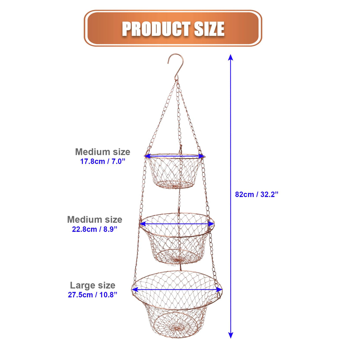 3 Tier Heavy Duty Wire Fruit and Vegetable Basket with Hooks R7697