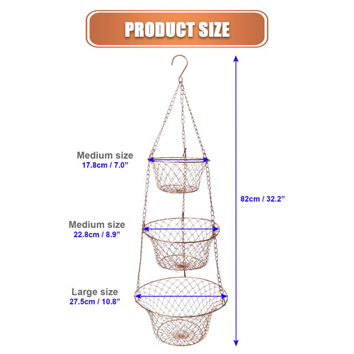 3 Tier Heavy Duty Wire Fruit and Vegetable Basket with Hooks R7697