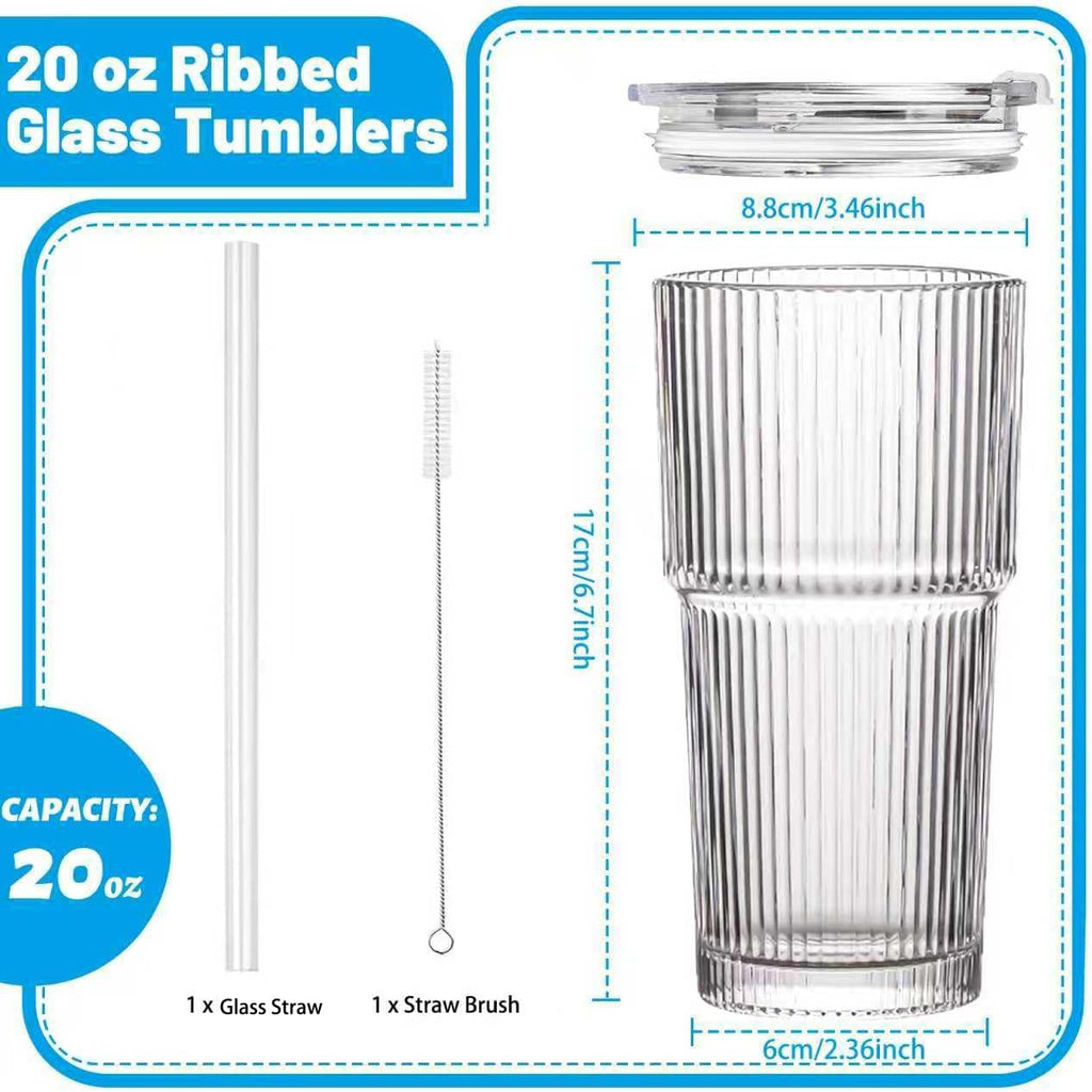 20 oz Clear Ribbed Glass Tumbler with Lid and Straw S22296