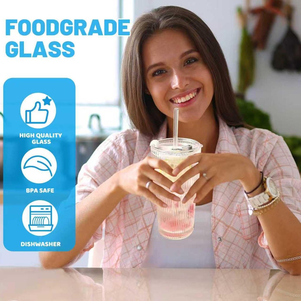 20 oz Clear Ribbed Glass Tumbler with Lid and Straw S22296