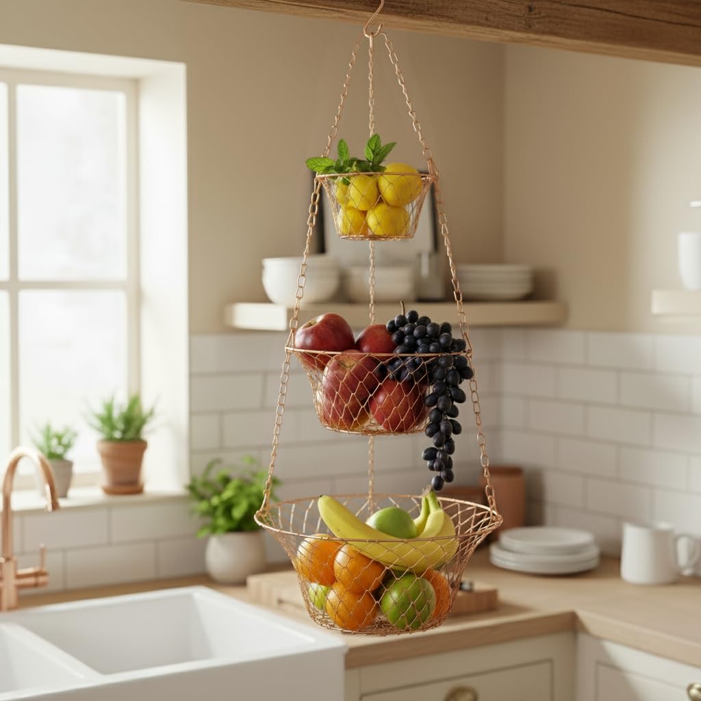3 Tier Heavy Duty Wire Fruit and Vegetable Basket with Hooks R7697