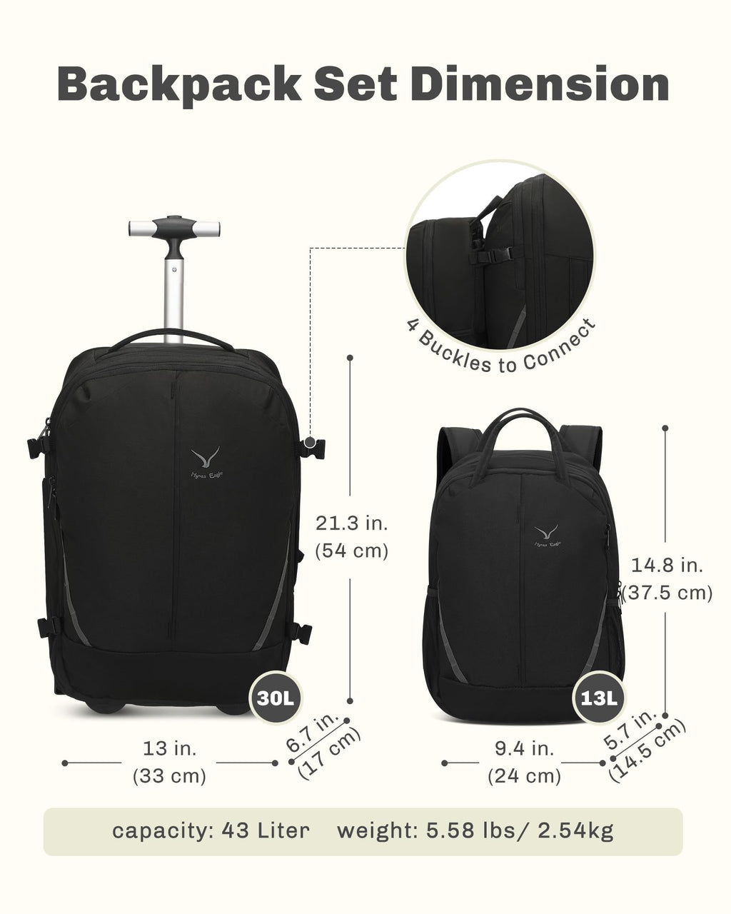 Rolling Backpack with Wheels 43L with Packing Cubes Set O349366