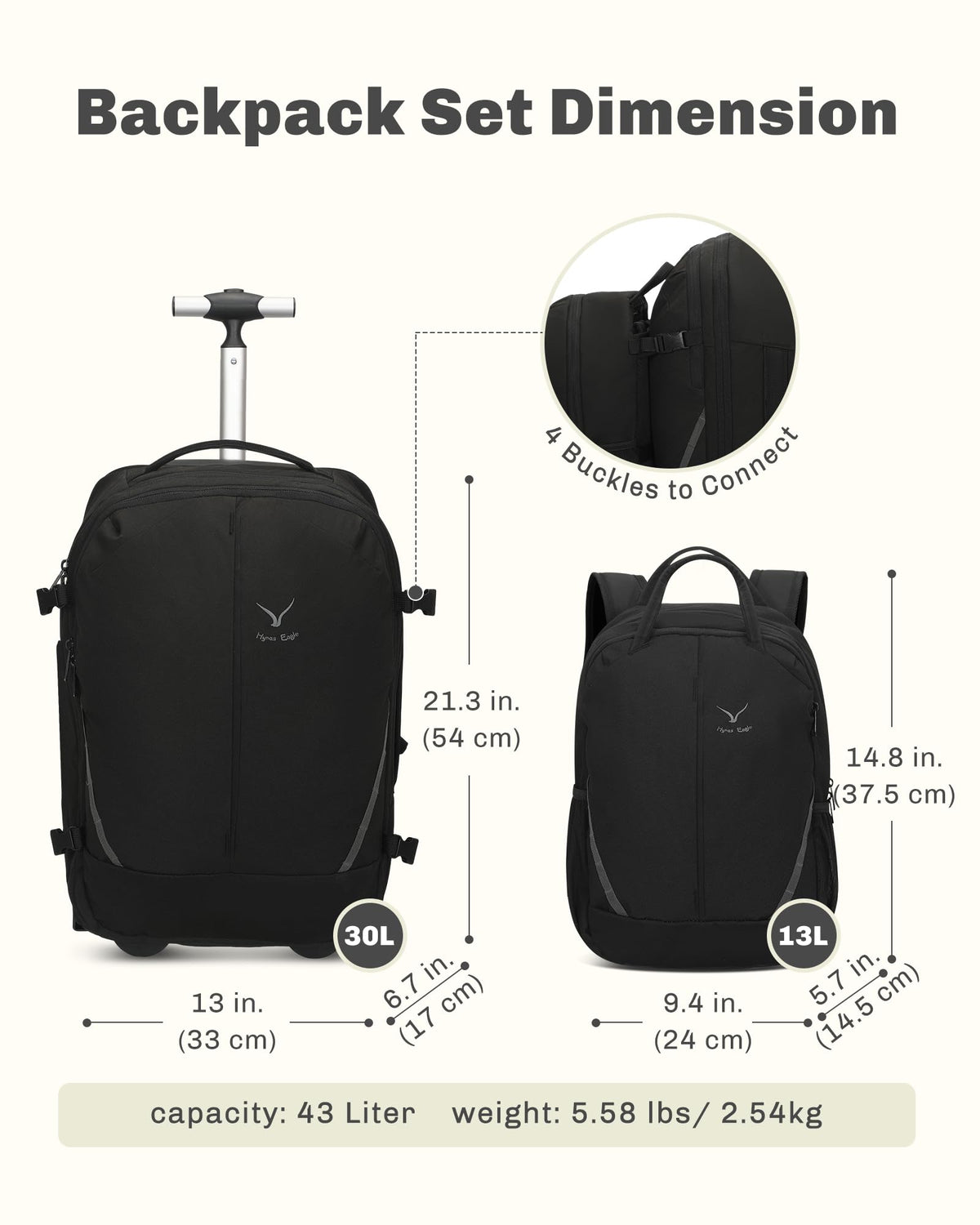 Rolling Backpack with Wheels 43L with Packing Cubes Set O349366