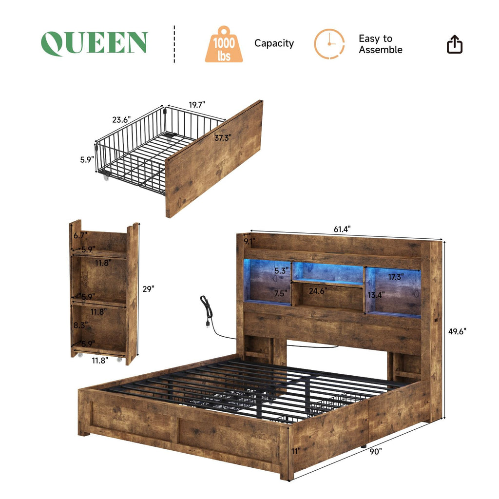 Full Bed Frame with Bookcase Headboard & Storage E641
