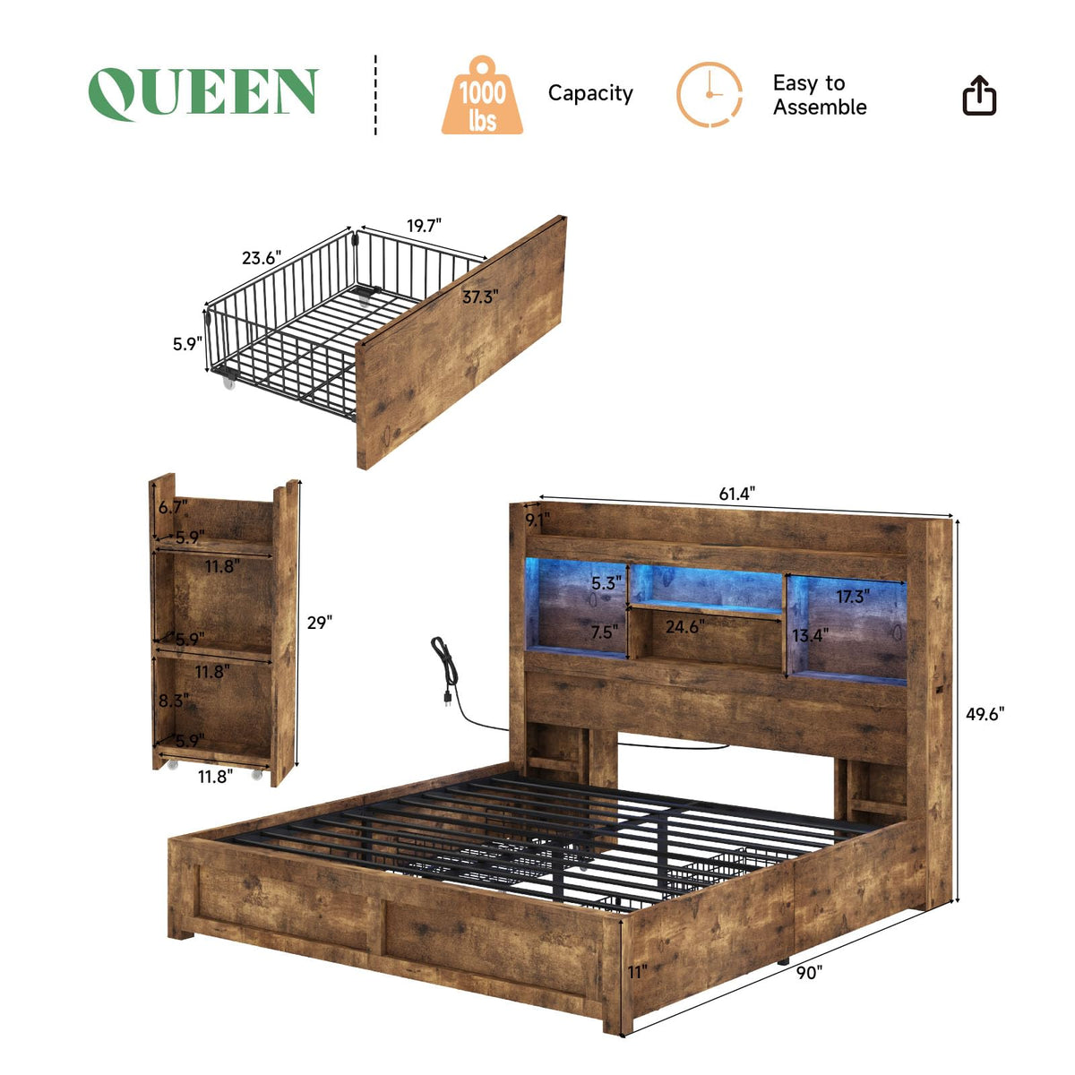 Full Bed Frame with Bookcase Headboard & Storage E641