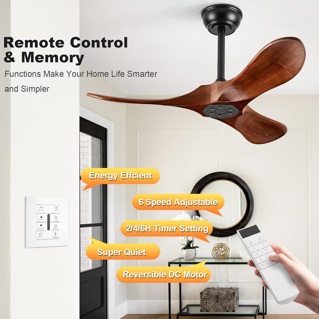 Solid Wood 3 Blade Ceiling Fan with Remote Wall Control H914577