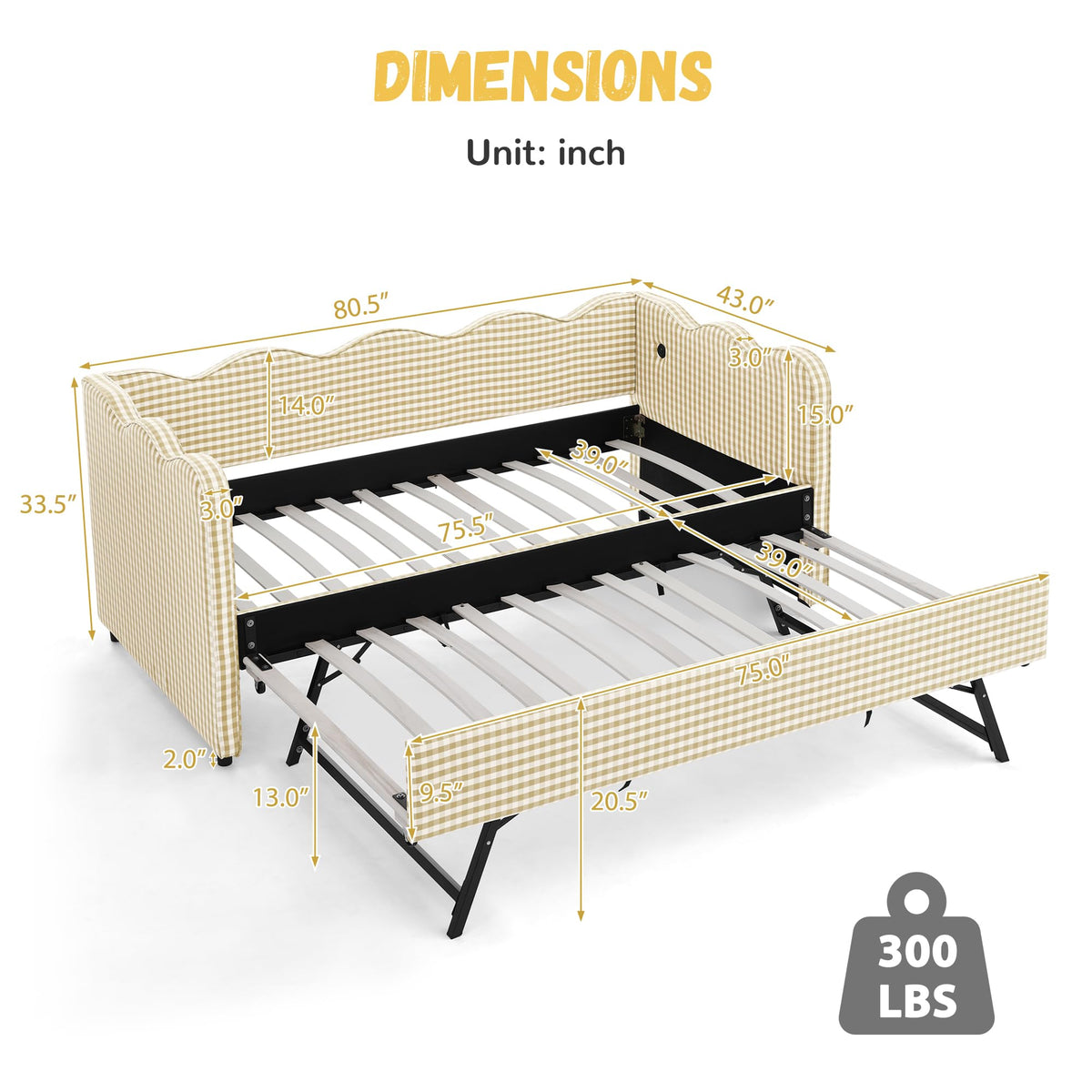 Twin Size Gingham Daybed with Trundle and USB Ports J85719