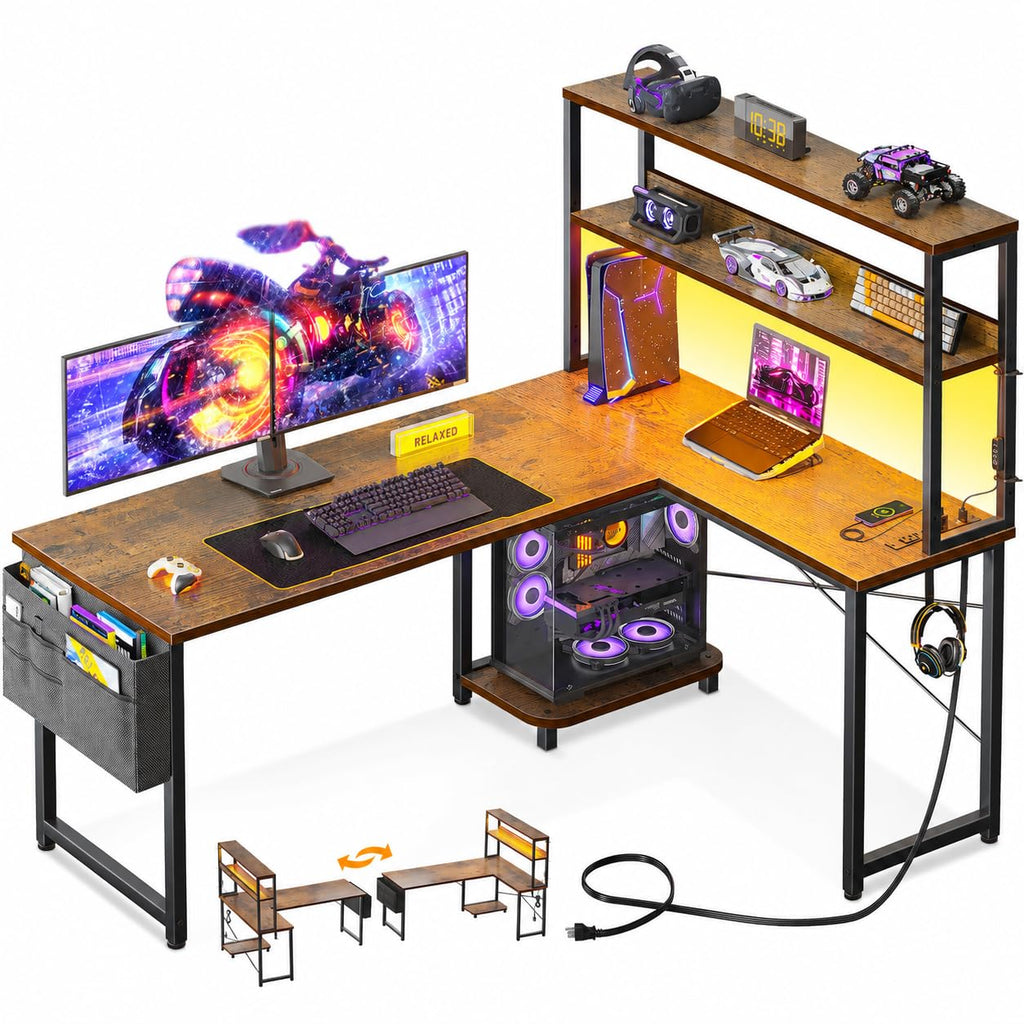 53" L Shaped Gaming Desk with Shelves M529258