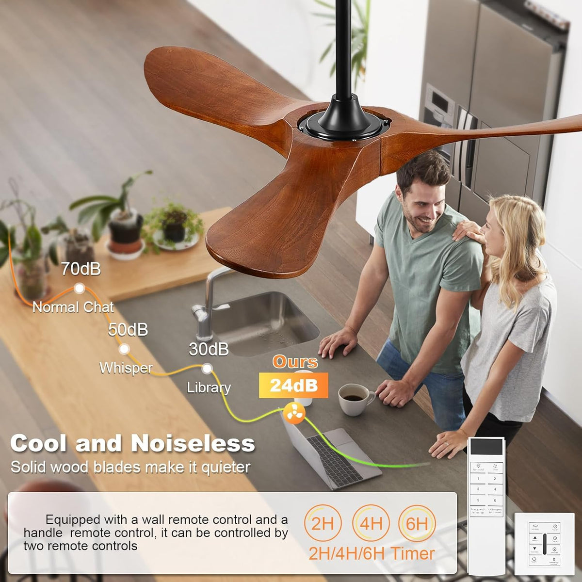 Solid Wood 3 Blade Ceiling Fan with Remote Wall Control H914577