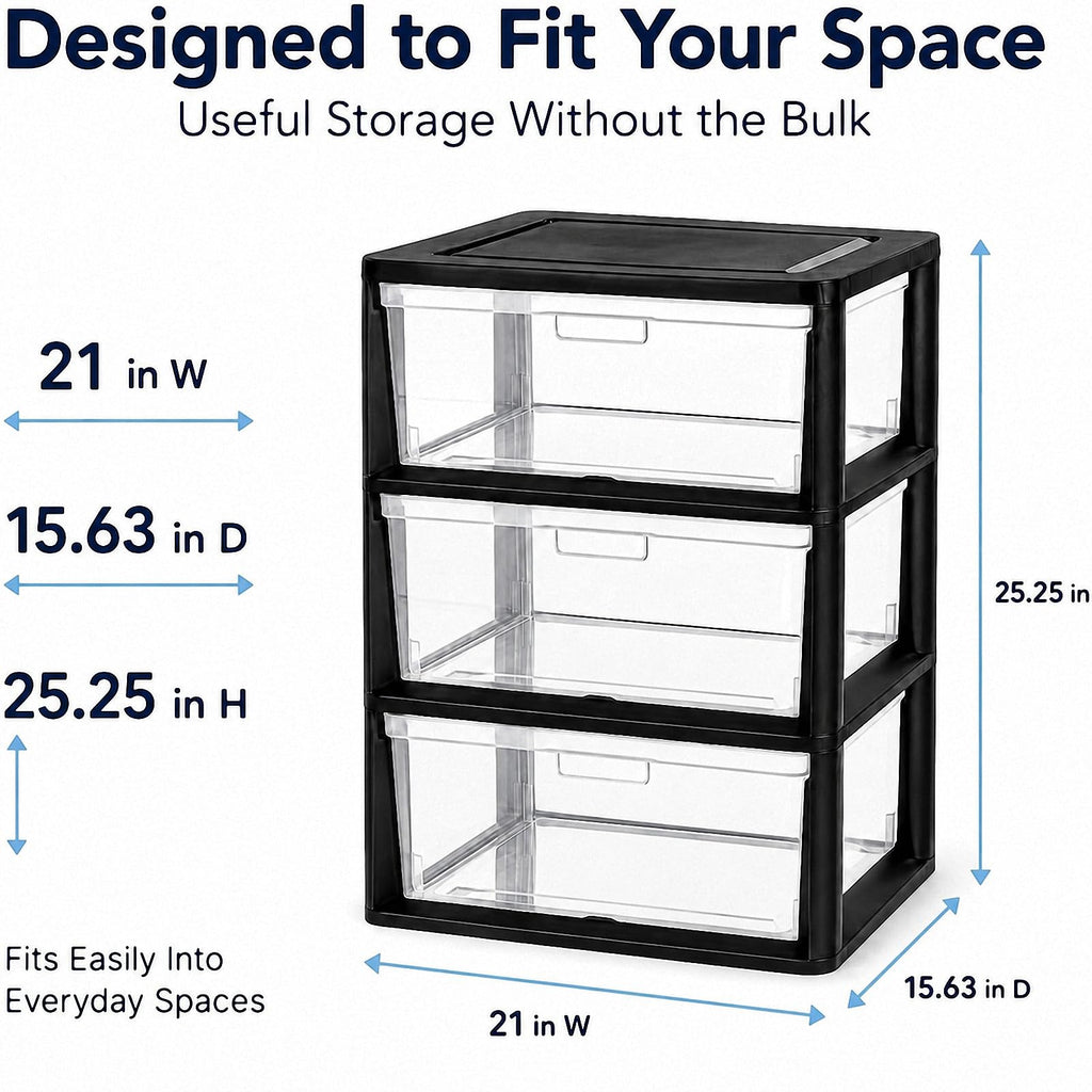 Black 3 Drawer Plastic Storage Tower with Clear Bins A956