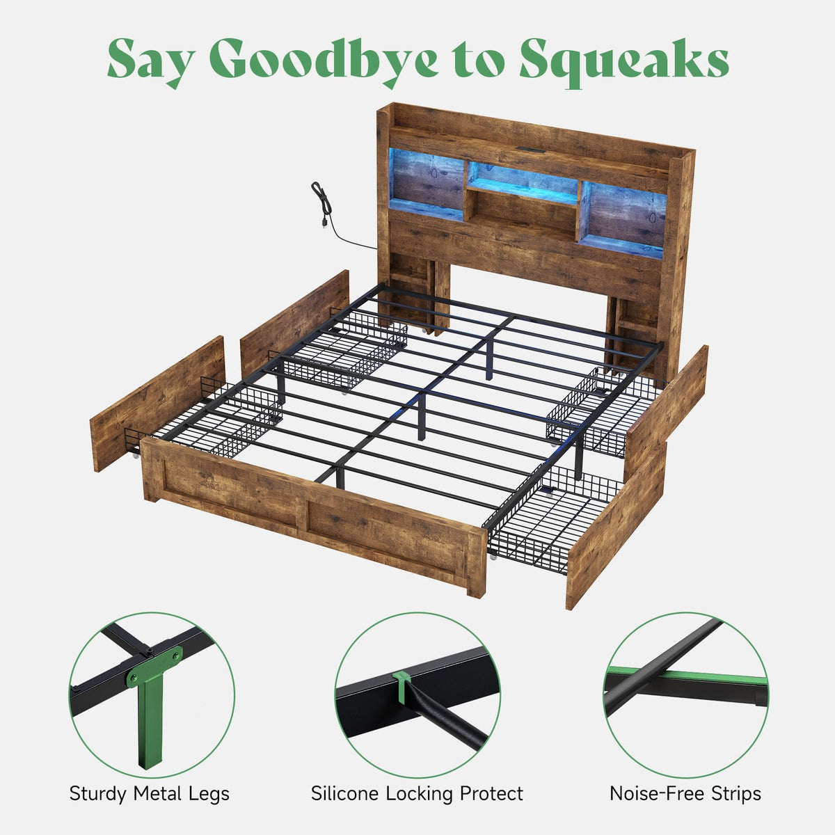 Full Bed Frame with Bookcase Headboard & Storage E641