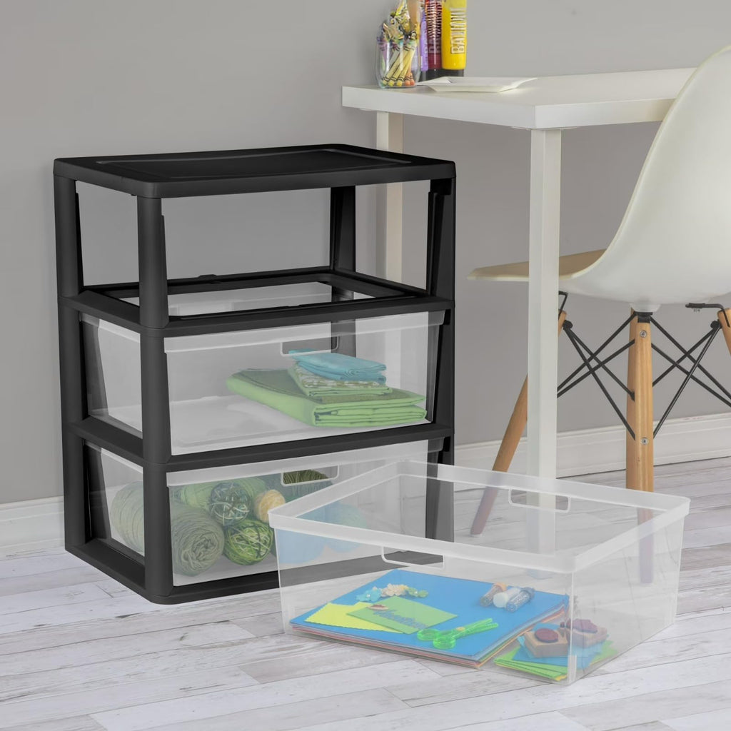 Black 3 Drawer Plastic Storage Organizer Tower with Clear Bins M1392