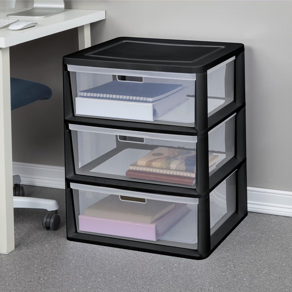 Black 3 Drawer Plastic Storage Organizer Tower with Clear Bins M1392