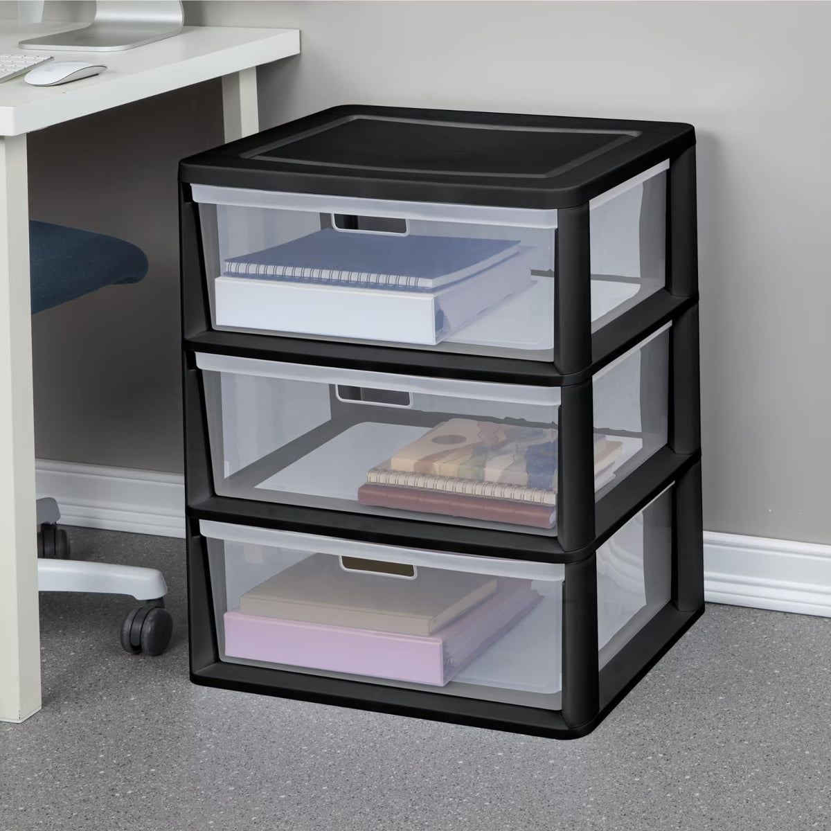 Black 3 Drawer Plastic Storage Organizer Tower with Clear Bins M1392