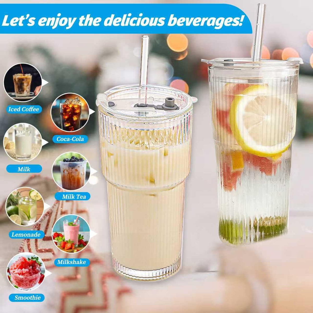 20 oz Clear Ribbed Glass Tumbler with Lid and Straw S22296