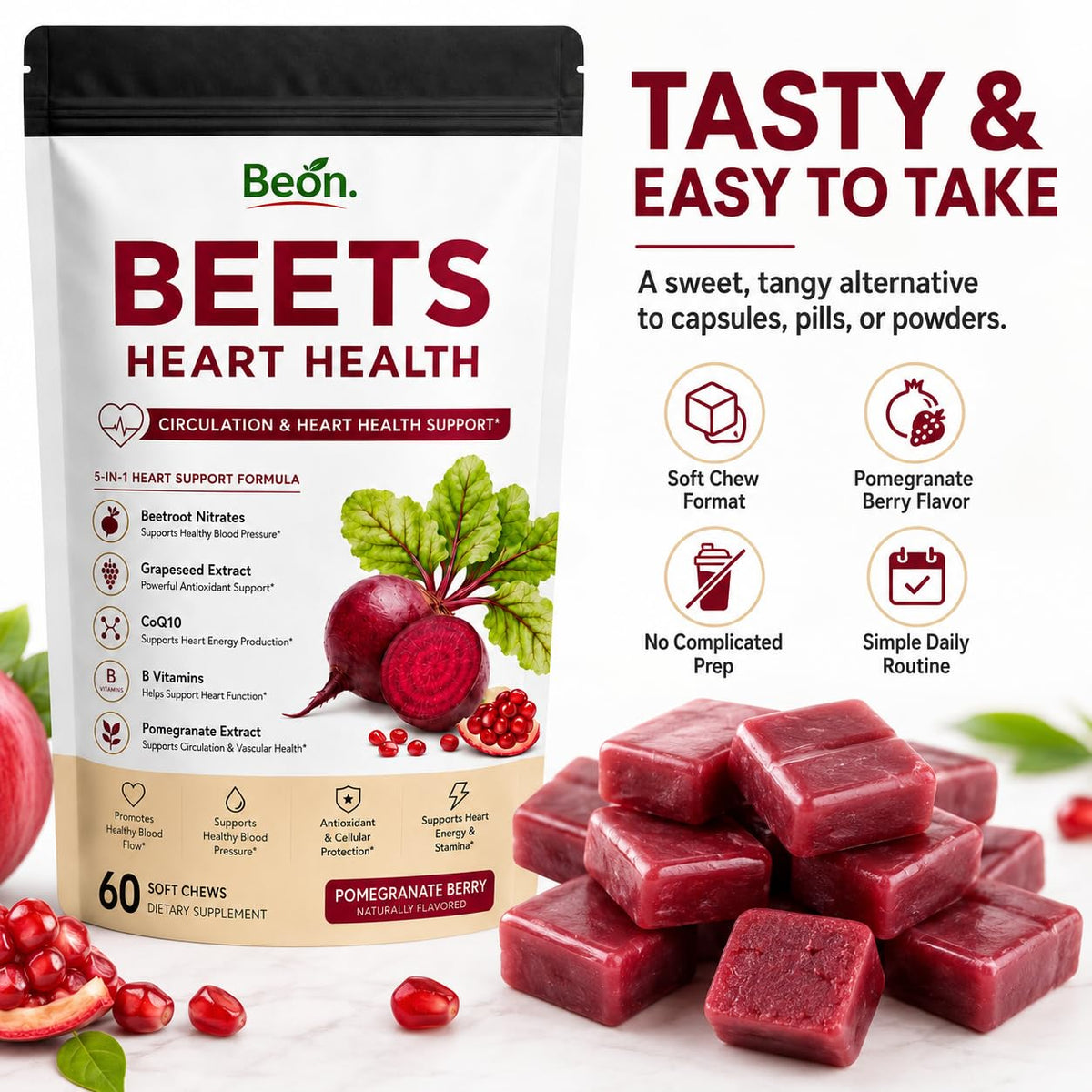 Beet Root Gummies with L-CoQ10 & Grape Seed, Sugar-Free Vegan, 60 Chew H109582
