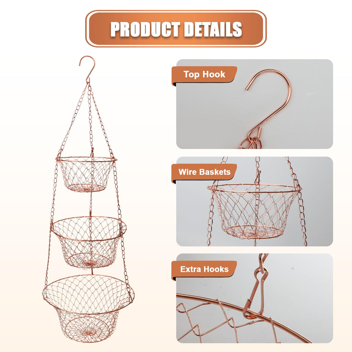 3 Tier Heavy Duty Wire Fruit and Vegetable Basket with Hooks R7697