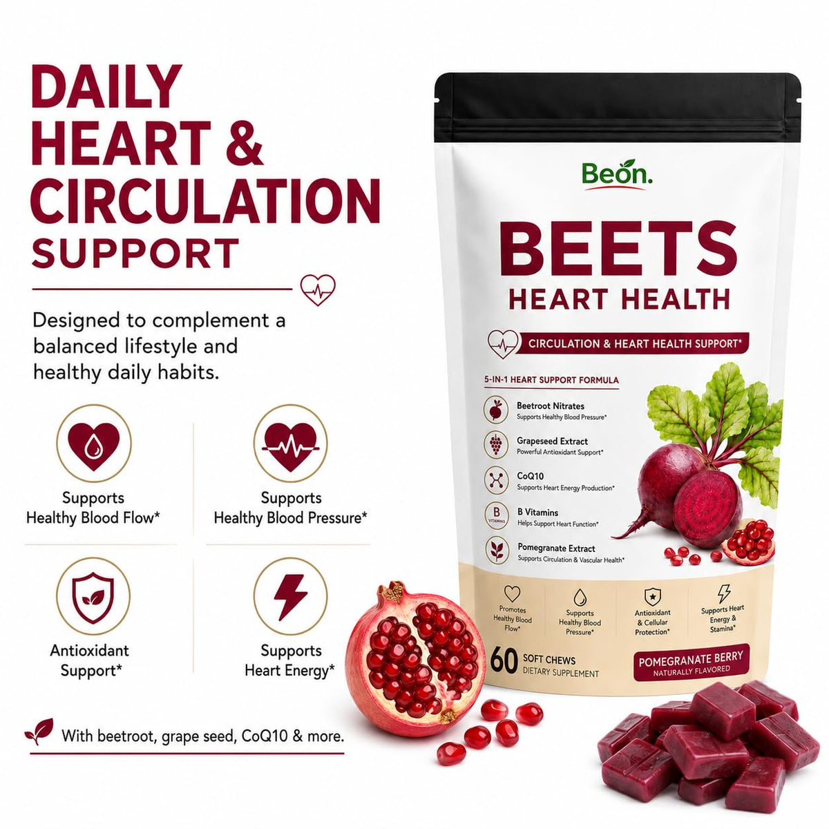 Beet Root Gummies with L-CoQ10 & Grape Seed, Sugar-Free Vegan, 60 Chew H109582