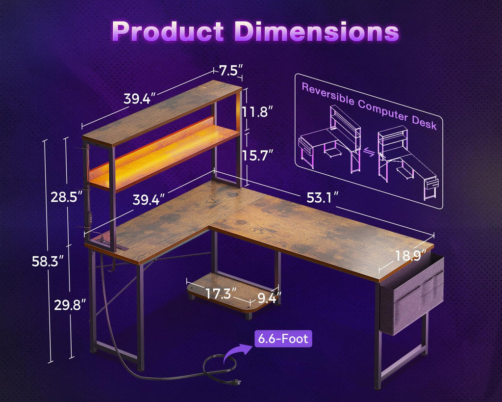 53" L Shaped Gaming Desk with Shelves M529258