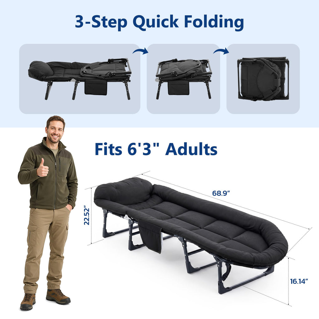 Folding Camping Cot with Mattress and Pillow, 450 Lbs Capacity, 69 Inch, Black V7468