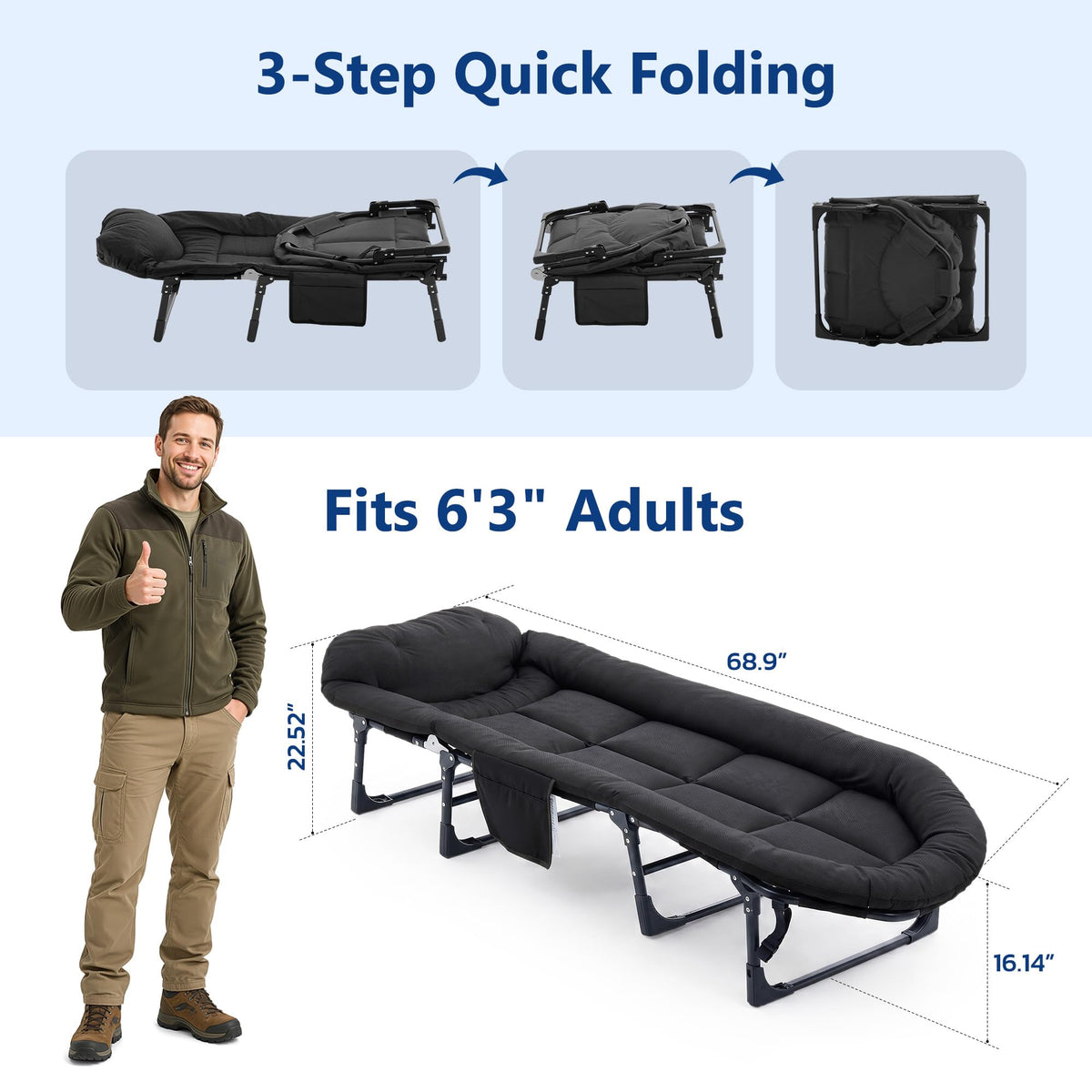 Folding Camping Cot with Mattress and Pillow, 450 Lbs Capacity, 69 Inch, Black V7468