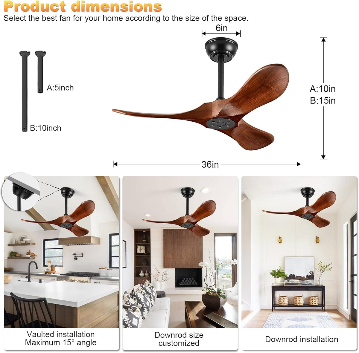 Solid Wood 3 Blade Ceiling Fan with Remote Wall Control H914577