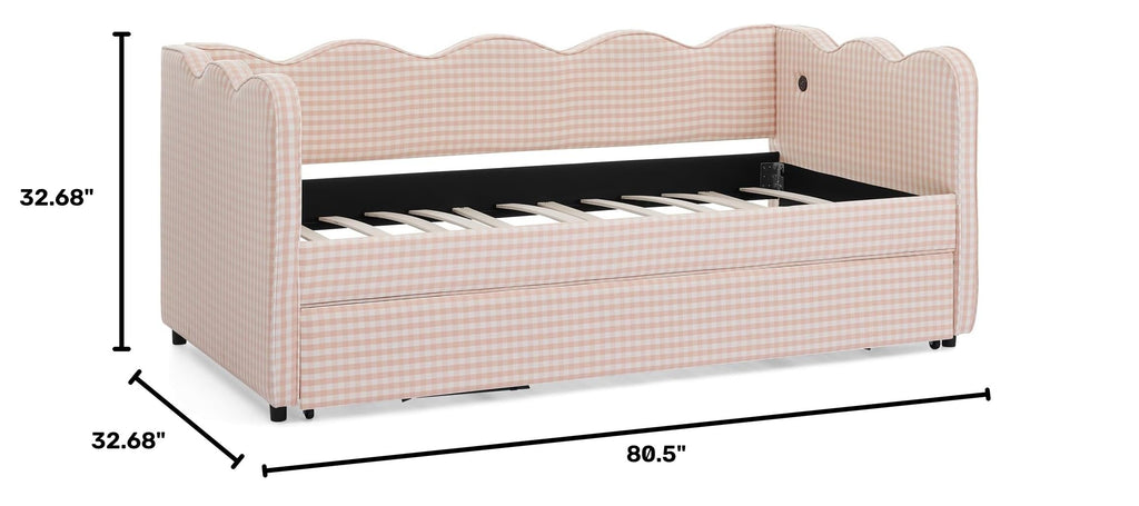 Pink Twin Size Upholstery Daybed with Trundle and USB D314