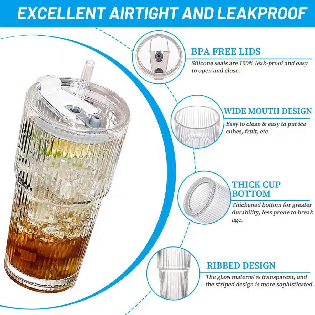 20 oz Clear Ribbed Glass Tumbler with Lid and Straw S22296