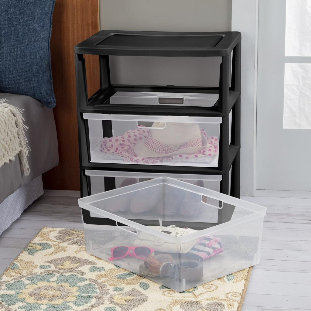 Black 3 Drawer Plastic Storage Organizer Tower with Clear Bins M1392