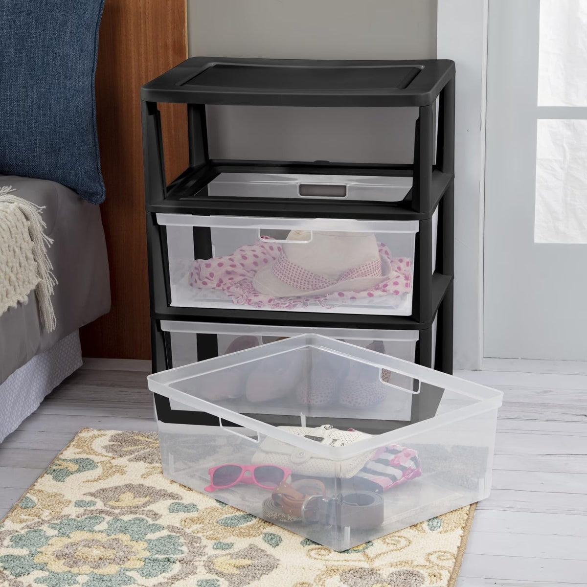 Black 3 Drawer Plastic Storage Organizer Tower with Clear Bins M1392