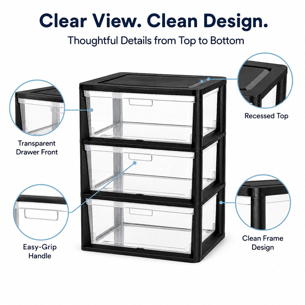 Black 3 Drawer Plastic Storage Tower with Clear Bins A956