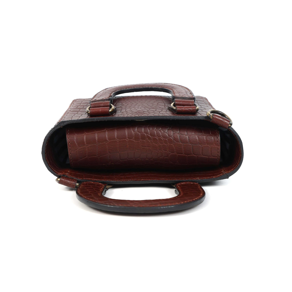 Tan Croc-Embossed Leather Mini Tote Crossbody Bag O7953
