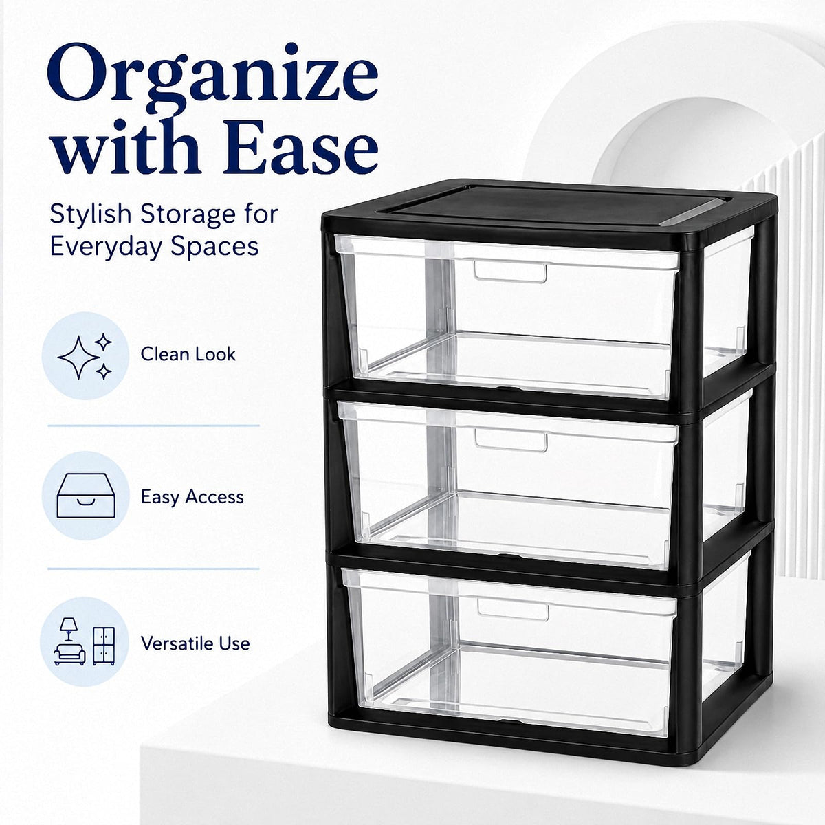 Black 3 Drawer Plastic Storage Tower with Clear Bins A956