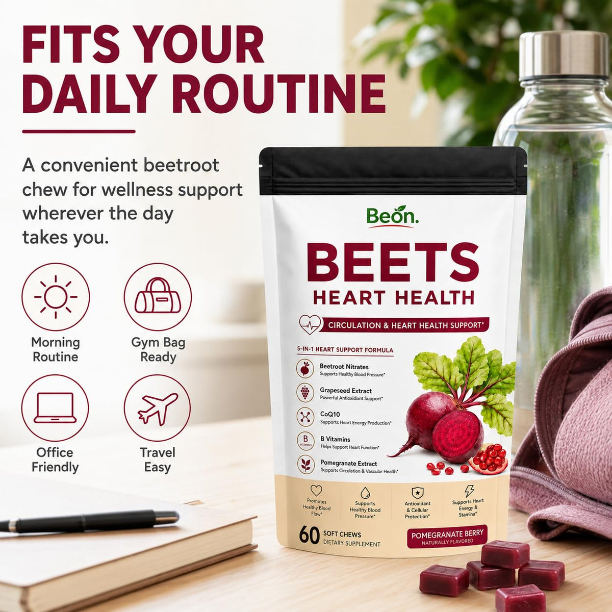 Beet Root Gummies with L-CoQ10 & Grape Seed, Sugar-Free Vegan, 60 Chew H109582