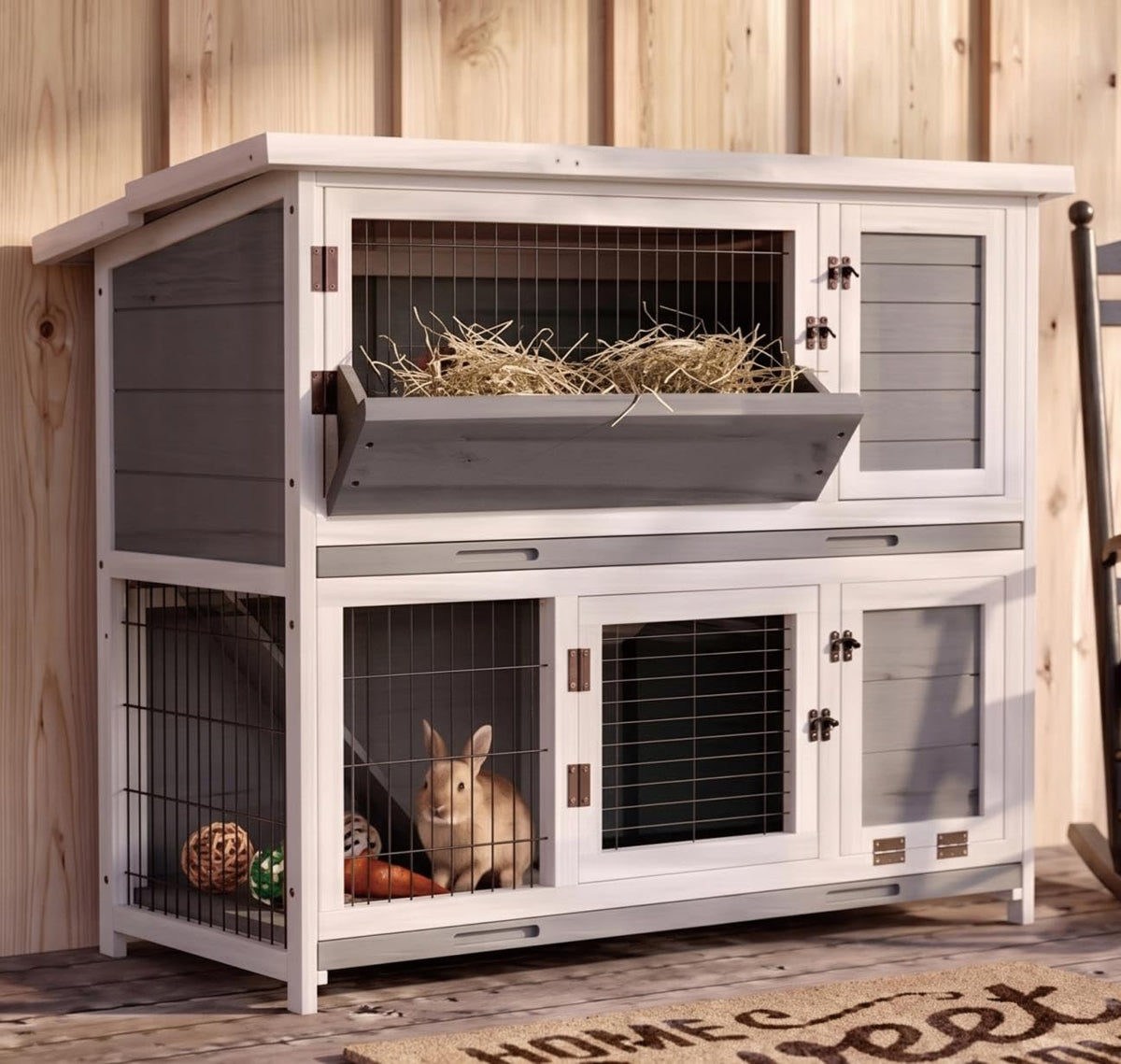 Large 2-Story Rabbit Hutch with Hay Feeder W455