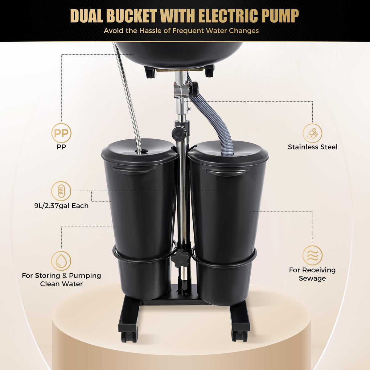 Electric Portable Height Adjustable Shampoo Bowl with Dual 10L Buckets M942862