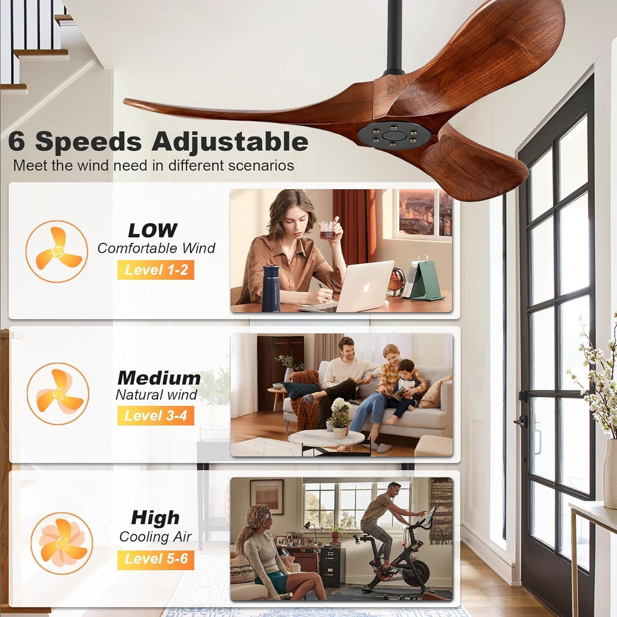 Solid Wood 3 Blade Ceiling Fan with Remote Wall Control H914577
